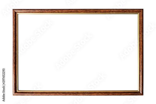 Wide wooden frame with gold inserts on a white background for photos, different images