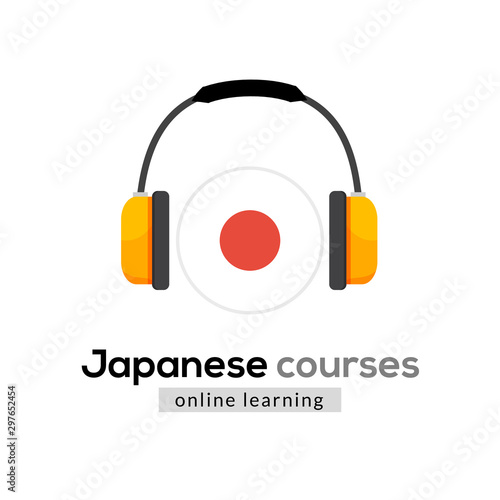Japanese language learning logo icon with headphones. Creative japanese class fluent concept speak test and grammar