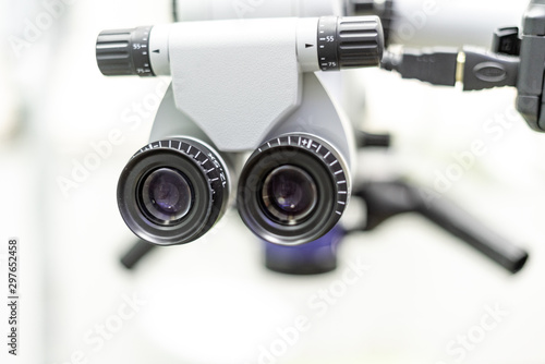 A professional microscope in a dental clinic. Modern equipment in dentistry. Medical equipment