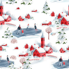 Papier peint photo Paysage patrons Maisons rouges hiver Noël aquarelle  © Zenina-Lembrik