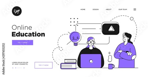 Presentation slide template or landing page website design. Business concept illustrations. Modern flat outline style. Online education courses