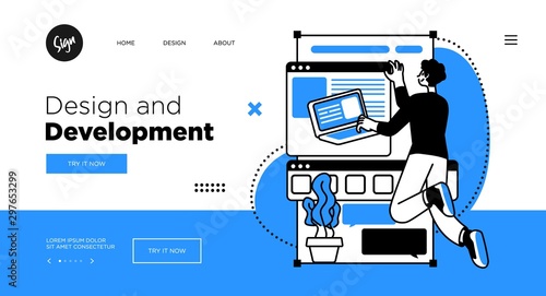 Designing Developing and programming technologies concept. Web page template with modern outline vector illustration.