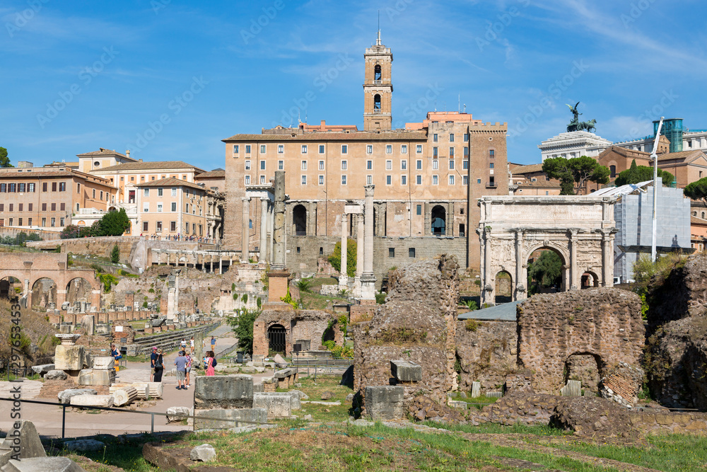 View of the ancient structures of the Roman Forum and the Palace of Senators