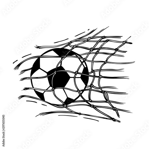 The soccer ball quickly flies, a strong blow, the net of the football goal is torn. Sketch of a soccer ball.