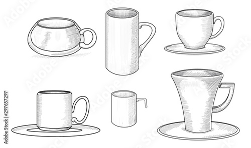 Set of vector illustrations of coffee cups of 6 pieces in pencil style.