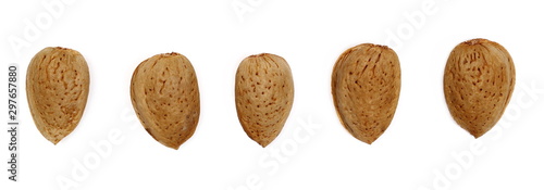Set almond kernel, nut in shell isolated on white background, top view
