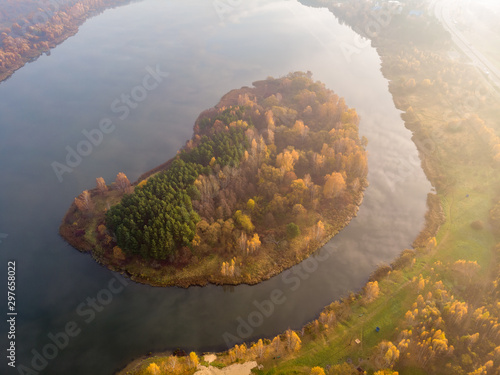 Foggy island autumn morning. Minsk, Belarus. Drone aerial photo photo