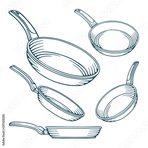 Frying pan. Frying pans hand drawn vector illustrations set. Frying pans sketch drawing icons in different angles. Part of set.