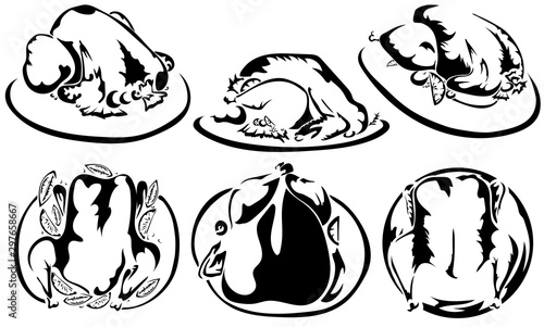 Set of vector illustrations of Christmas turkeys from 6 pieces in black and white style.