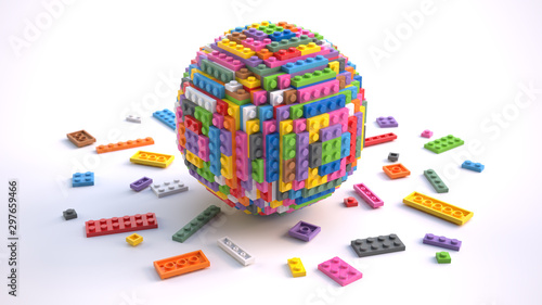 Colored toy bricks in form of sphere isolated on white background