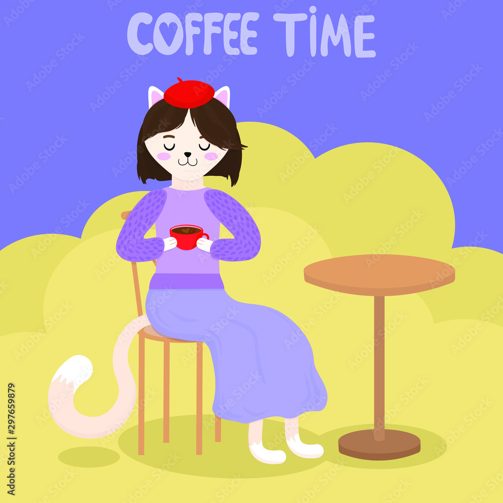 Vector graphics. Cute cartoon illustration of french cat with coffee mug. Funny character. Handwritten text. Vector graphics. Cute cartoon illustration of french cat with coffee mug. Funny character. Handwritten text.