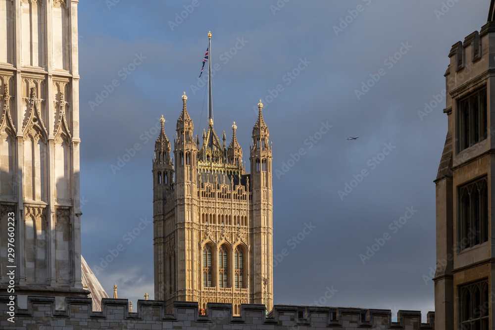 sunlit tower at houses of parliament