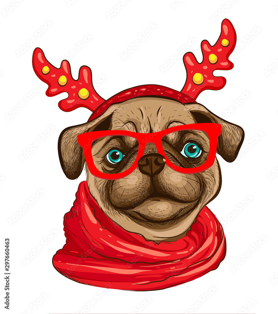 Portrait dog pug in a reindeer antlers, red glasses, red scarf. Cute mops,  Vector illustration. Stock Vector | Adobe Stock