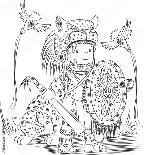  Prehispanic Mexico, Jaguar Man, cute cartoon.