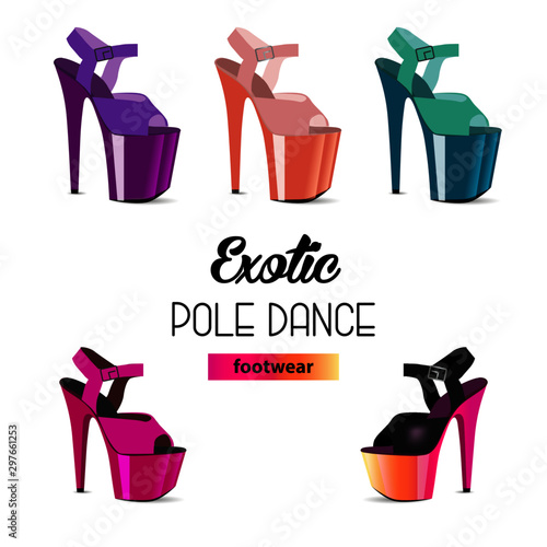 High heels shoes with different colors for exotic pole dance on a white background