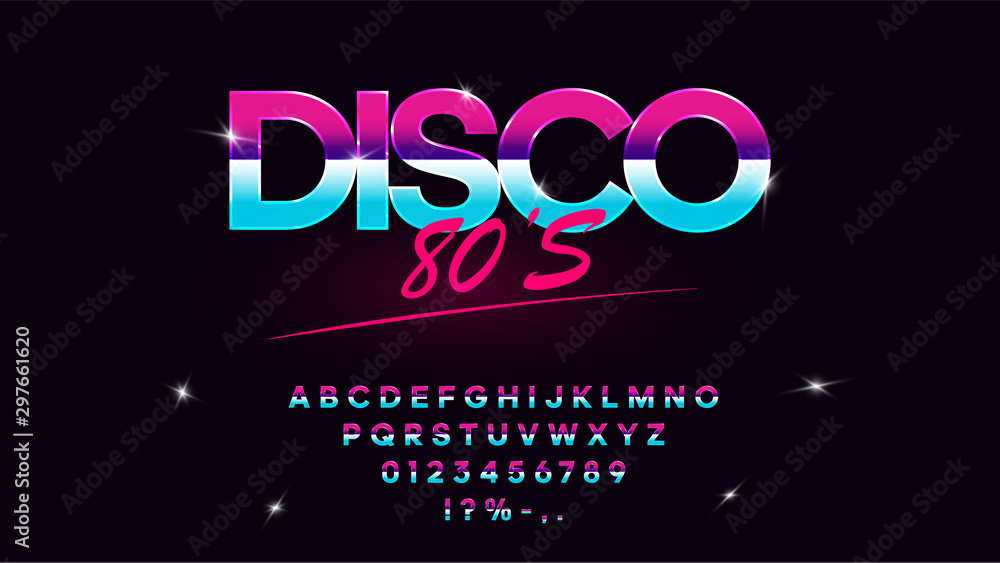 custom made wallpaper toronto digitalRetrowave synthwave vector font in 1980s style. Retro design letters, numbers, symbols and set of lens flare on dark background. Type for flyer, banner, poster, cover, etc. Eps 10