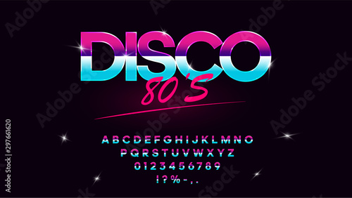 Retrowave synthwave vector font in 1980s style. Retro design letters, numbers, symbols and set of lens flare on dark background. Type for flyer, banner, poster, cover, etc. Eps 10