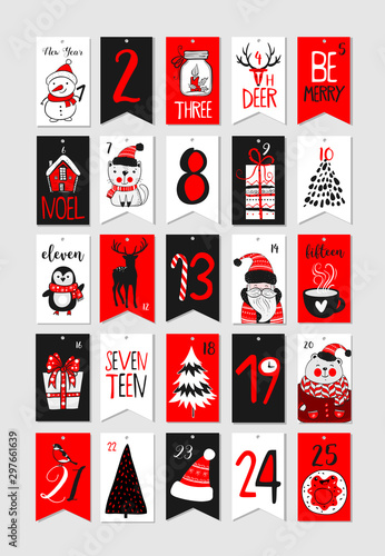 Abstract printable tags collection for Christmas, New Year. Advent calendar. Vector illustration. Merry Holidays