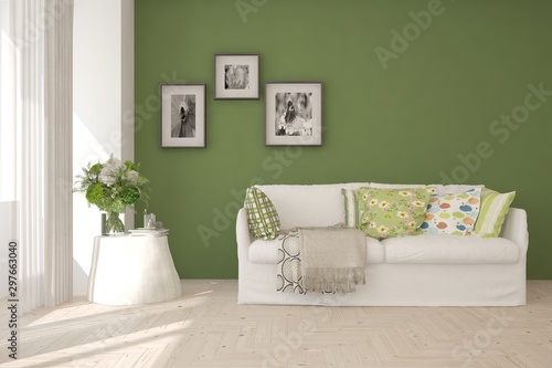 Stylish room in green color with sofa. Scandinavian interior design. 3D illustration © AntonSh