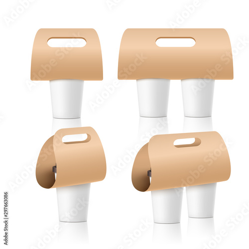 Coffee cup holder paper design. Beverage drink handle mockup. Cardboard coffee cup holder takeaway