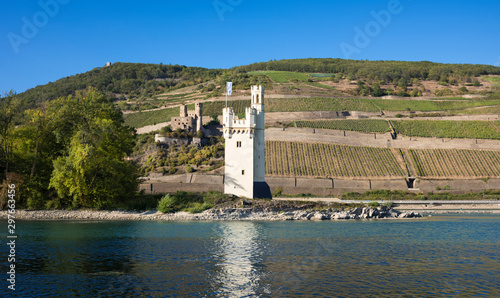 Mouse Tower with historical coloring and ruins of Ehrenfels Castle. Rhineland-Palatinate, Germany, Europe photo