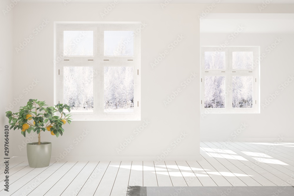 Mock up of empty room in white color with winter landscape in window. Scandinavian interior design. 3D illustration Mock up of empty room in white color with winter landscape in window. Scandinavian interior design. 3D illustration