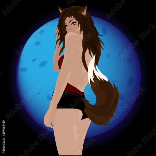 Werewolf girl on the background of the moon. Halloween. Vector art