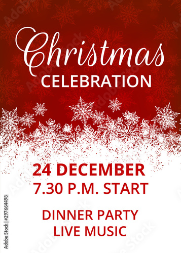 Template of invitation for Christmas celebration with snowflakes border on red background