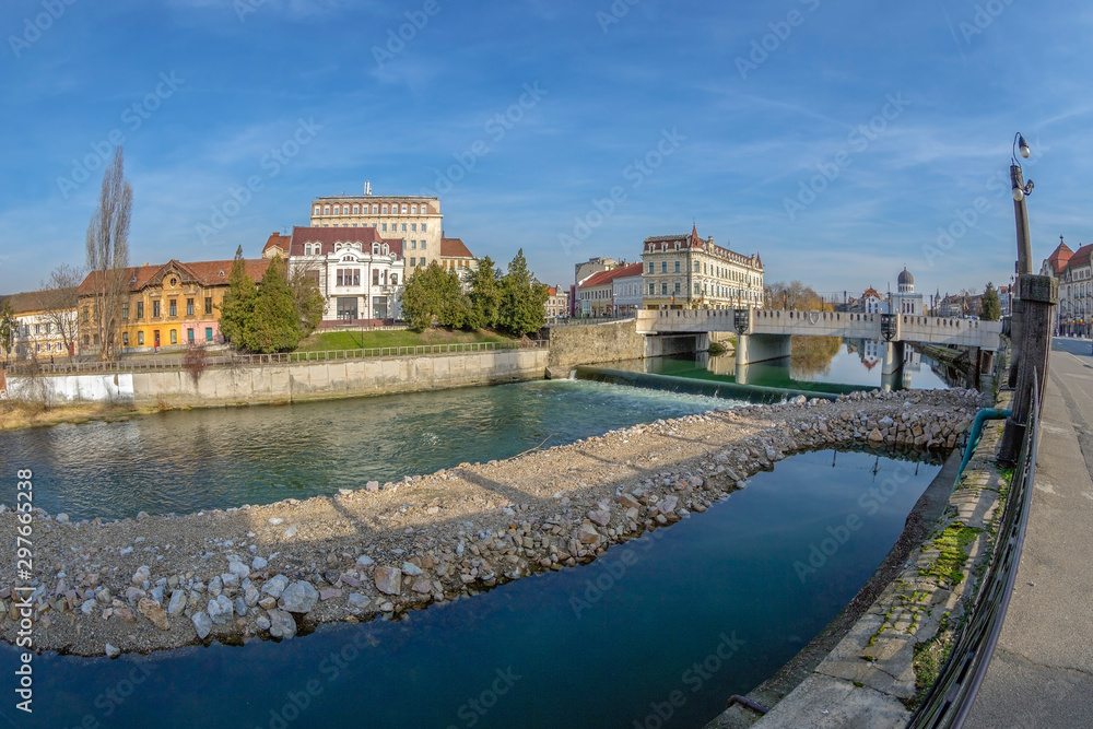 View of the city center with Crisul Repede river  in the foreground. Oradea, Romania