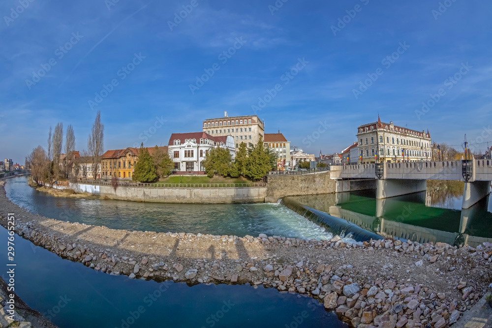 View of the city center with Crisul Repede river  in the foreground. Oradea, Romania