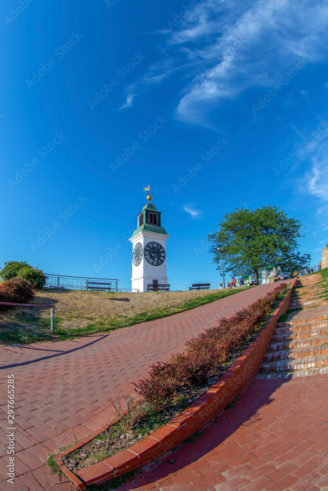 View of the clock tower from Petrovaradin Fortress in Novi Sad, Serbia