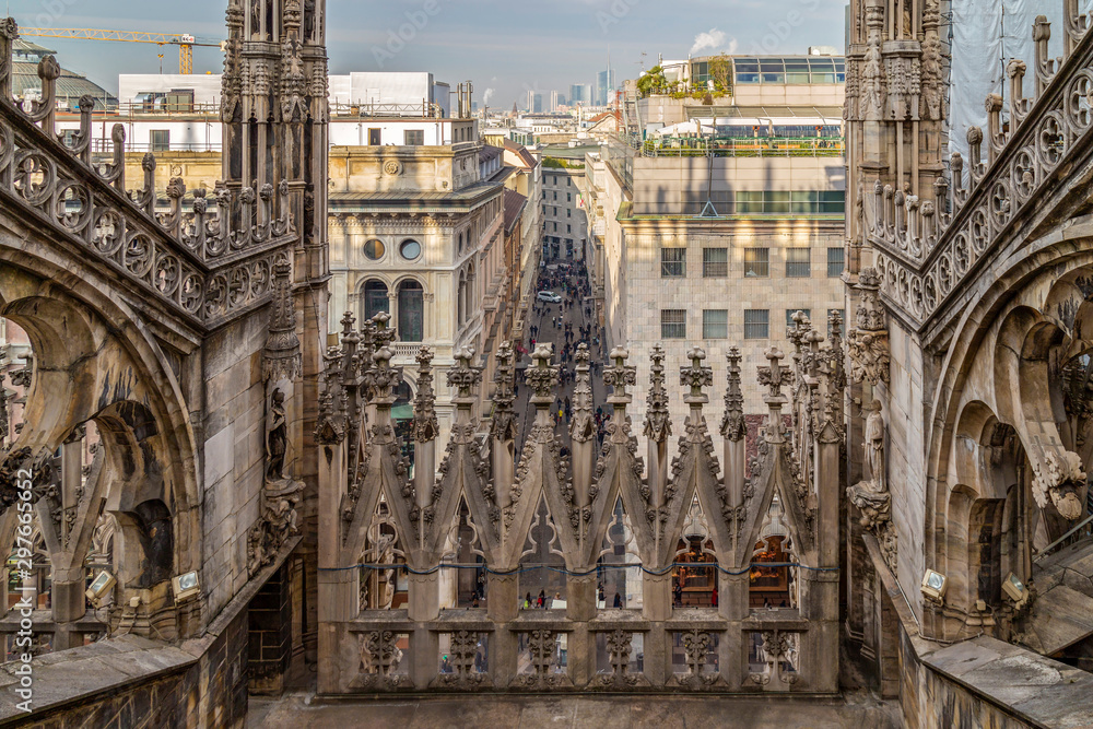 View over Milan and street from the top of the gothic Milan Cathedral, Italy