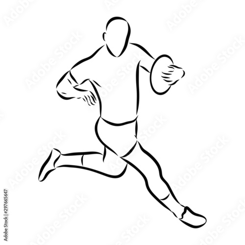 man running, rugby player sketch, contour vector illustration 