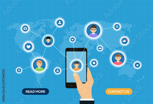 Social media and network connection map concept. Smartphone people social network illustration