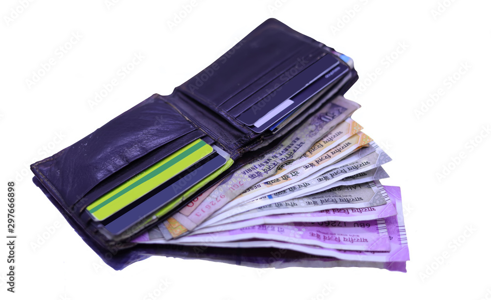 Leather wallet with bank cards and Indian currency note inside on the white table. Money concept, copy space for text.
