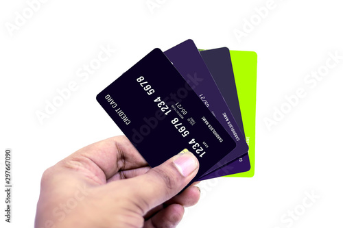 Hand holding credit cards or debit cards isolated on white background