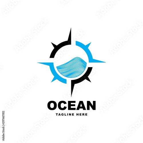 Compass with wave symbol logo design template
