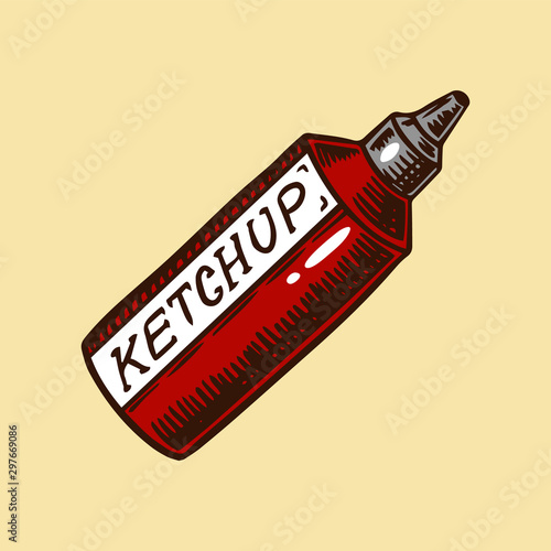 Ketchup sauce bottle for Barbecue grill in vintage style. Drawn by hand. Bbq party ingredient. Vector illustration for menu or labels.