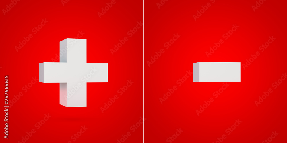 Obraz premium White 3D alphabet symbols plus and minus isolated on red background.