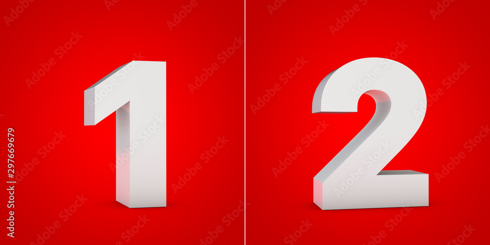 White 3D numbers 1 an 2 isolated on red background. White 3D numbers 1 an 2 isolated on red background.