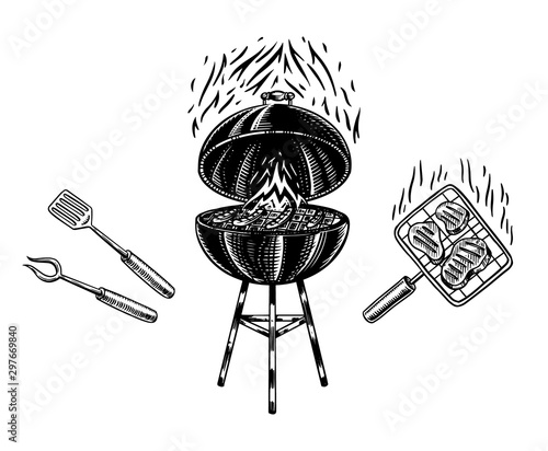 Barbecue grill set in vintage style. Drawn by hand. Bbq party ingredients. Hot grill food, beer and tools, vegetables and spices. Vector illustration for menu or labels.