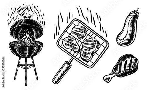 Barbecue grill set in vintage style. Drawn by hand. Bbq party ingredients. Hot grill food, beer and tools, vegetables and spices. Vector illustration for menu or labels.