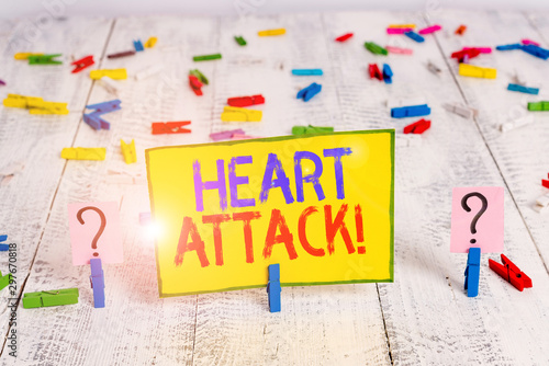 Text sign showing Heart Attack. Business photo text sudden occurrence of coronary thrombosis resulting in death Scribbled and crumbling sheet with paper clips placed on the wooden table