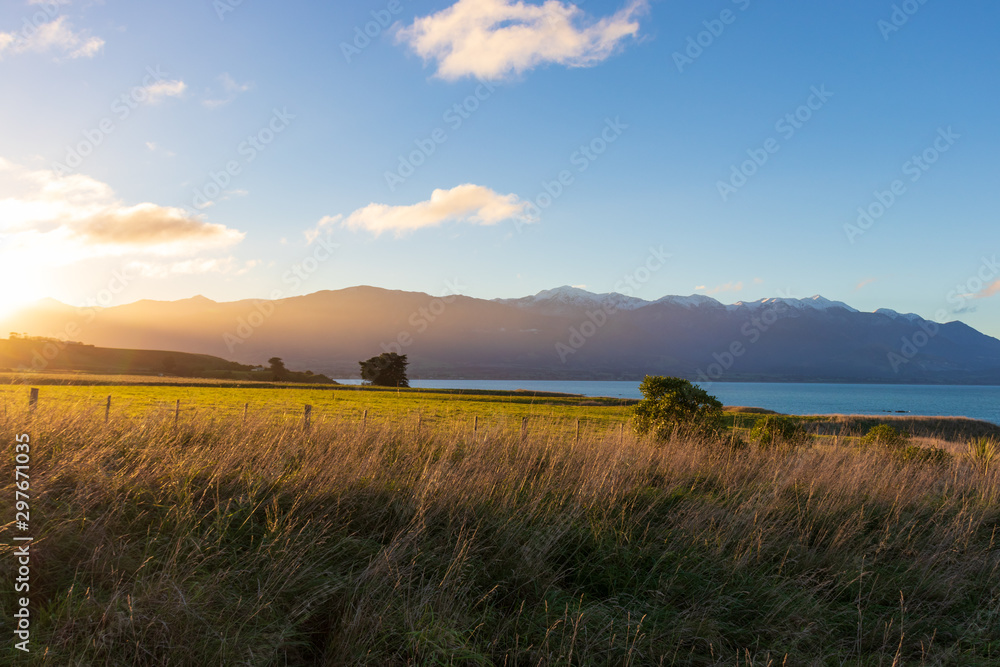 Sunset over grass and mountains New Zealand