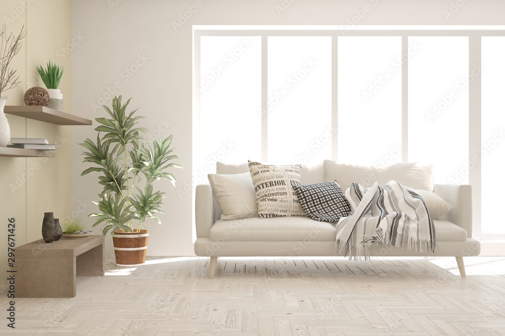 Stylish room in white color with sofa. Scandinavian interior design. 3D illustration Stylish room in white color with sofa. Scandinavian interior design. 3D illustration