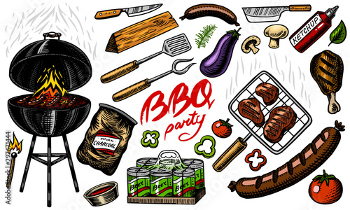 Barbecue grill set in vintage style. Drawn by hand. Bbq party ingredients. Hot grill food, beer and tools, vegetables and spices. Vector illustration for menu or labels.