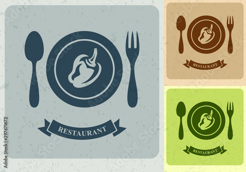 Restaurant emblem with pepper on a white plate, Pepper logotype design template, Plate, Knife, Fork, Stylized business logo idea, Vector illustration