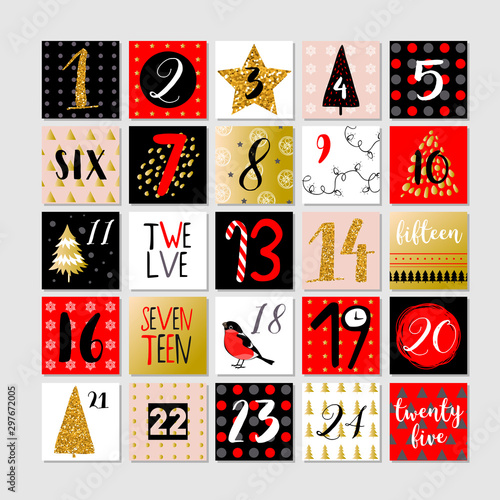 Abstract printable tags collection for Christmas, New Year. Advent calendar. Vector illustration. Merry Holidays