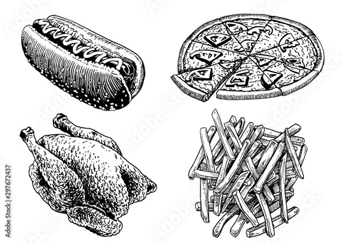 Graphical fast food set isolated on white background,vector illustration. Take away products