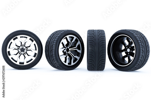 Car wheels isolated on a white background. 3D rendering.